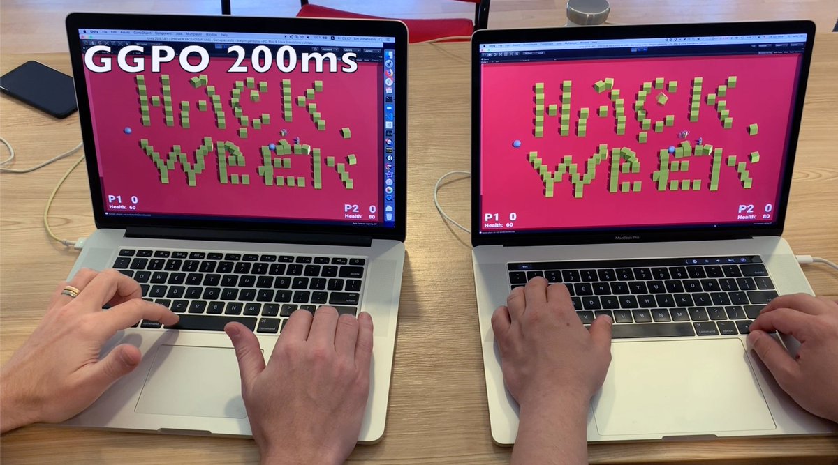 tadej's tweet image. Had a great time at #unityhackweek in Denmark. 
We successfully implemented client prediction with rollback (GGPO) and made a fun game with deterministic Unity Physics in DOTS.