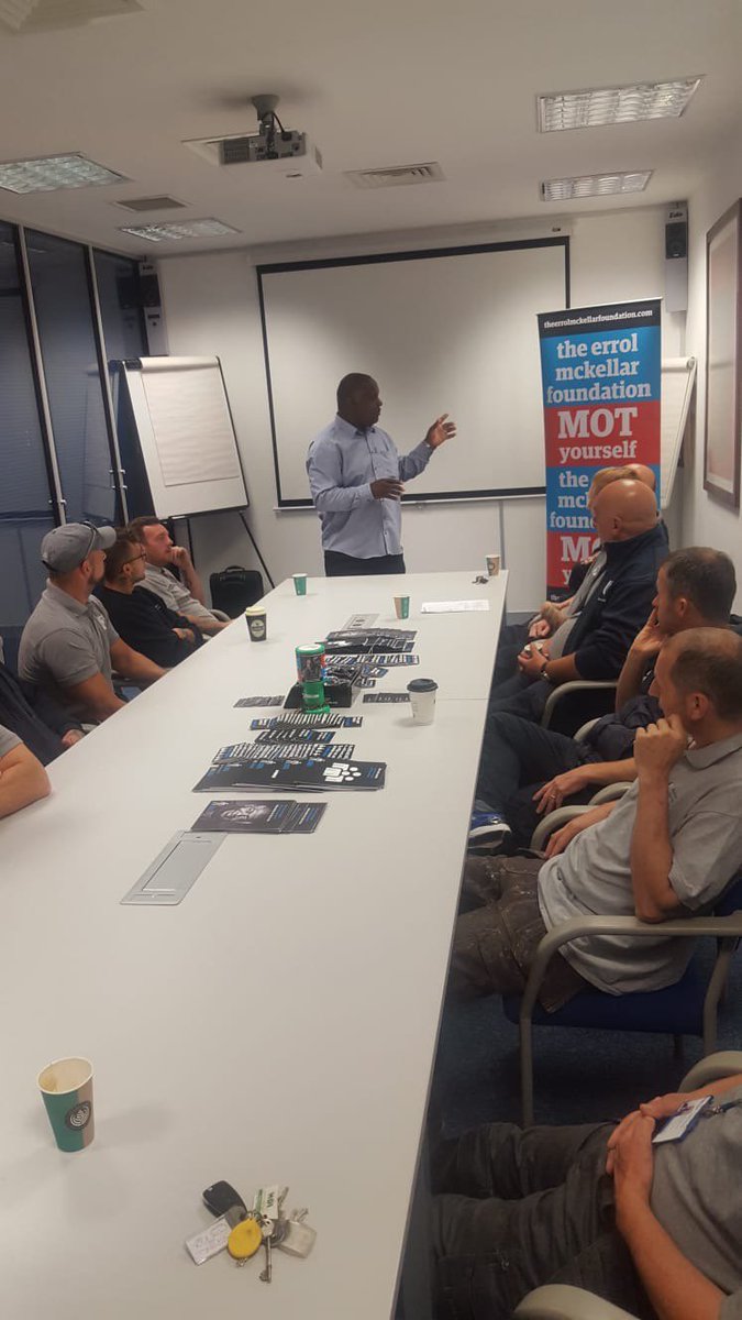 TEMF2018's tweet photo. Thank you Breyer Group, stadium sponsors of @BreyerGStadium @leytonorientfc, for inviting Errol to speak with your teams in Romford &amp; Dartford &amp; to tell them his story, raise awareness of #prostatecancer &amp; the need to #MOTyourself &amp; get regular PSA tests. https://t.co/Le8wYA2FL2