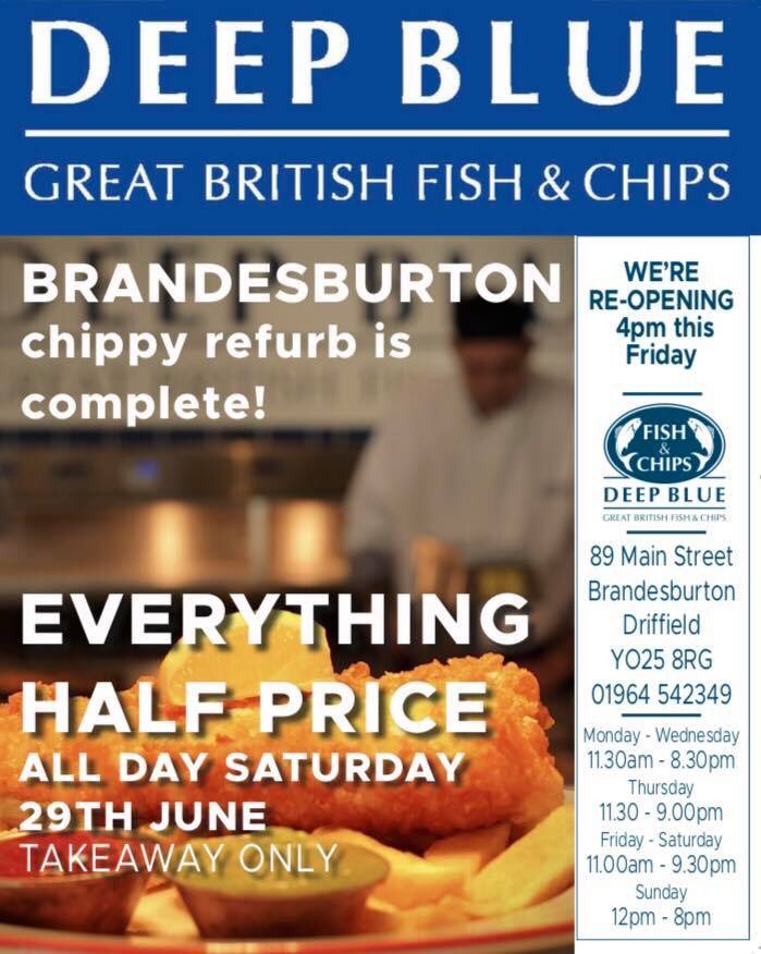 Half Price Fish &amp; Chips all day today in Brandesburton 🐟 🍟