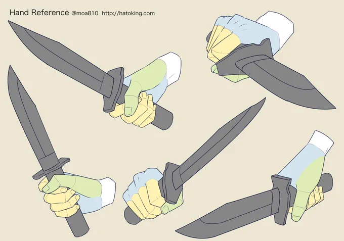【お知らせ】トレスOKな手のイラスト資料集に「順手ナイフ(Holding a knife)」を追加しました。ベースモデルはM9 Bayonetですが、汎用性を考慮してかなり簡略化しています。ナイフはとても要望が多いので、逆手持ちも含めて後日追加するかもしれません。 https://t.co/aaWJW0JtJn 