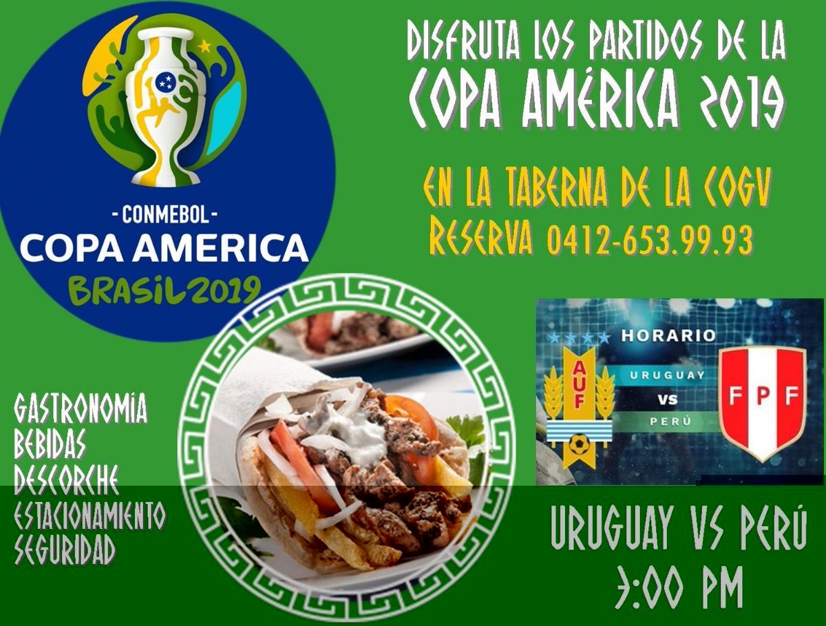 ParisElGriego's tweet photo. No te pierdas #hoy #sábado el partido #Uruguay - #Perú en la #Taberna de la #COGV, el lugar perfecto para disfrutar la #CopaAmérica2019. Tendremos los más exquisitos platos de la #gastronomíagriega, bebidas, #descorche, estacionamiento y seguridad.
Reserva: 0412-653.99.93 https://t.co/uvKP5FQYsk