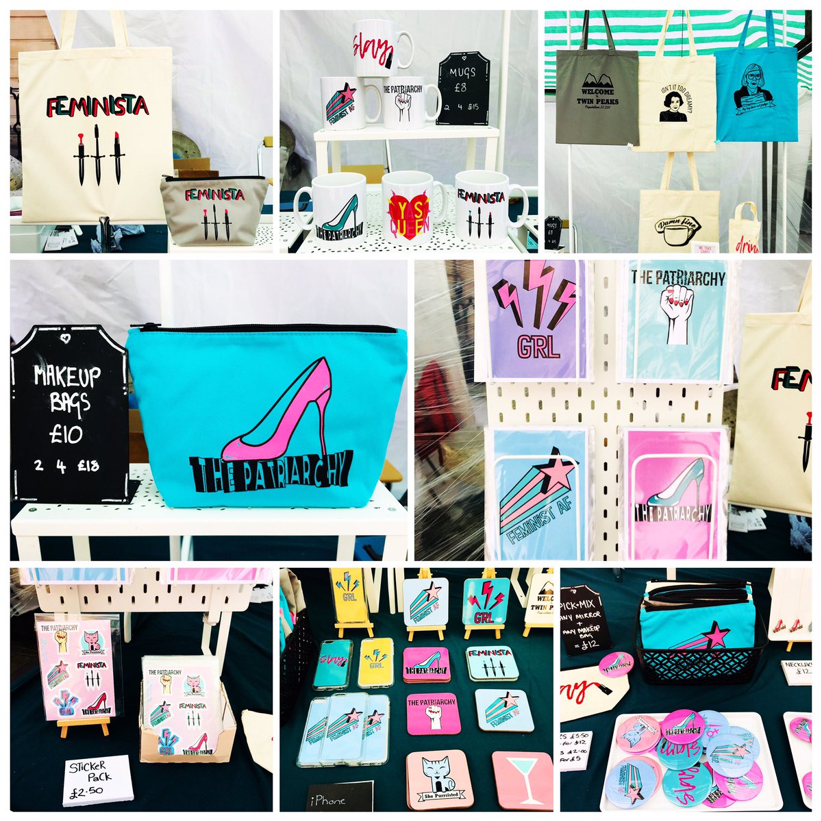 loolylooks's tweet photo. Look at all the lovely things you can find on the stall! We will be here in the ☀️ on Albion Place until 6pm. Pop by! ✨@ArtsmixLeeds #summerishere #handmadegifts #leedscity #feminista #feminist #TwinPeaks #slay #shoplocal #HEATWAVE2019 https://t.co/RbpERl3LlC