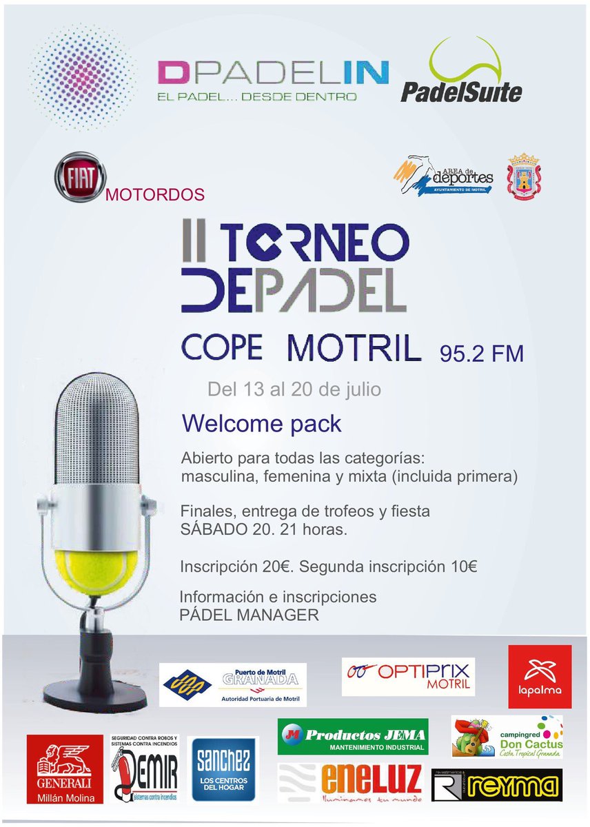 Copemotril's tweet photo. 2º Torneo de #Pádel @Copemotril @Fiat_es #MotorDos en las pistas @dpadelin. Ya está abierto el plazo de inscripción. Comenzamos el 13 de julio. Información en @PadelManager y en las propias pistas https://t.co/vmeJ8AyPVt