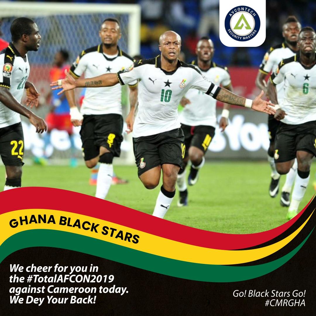 avcontechgh's tweet photo. Show your support for the #BlackStars today in their #TotalAFCON2019 match against Cameroon. #CMRGHA #FootballTogether #AFCON2019 #Avcontech #SecurityMasters https://t.co/H8VxsbcMRb