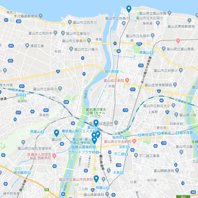 富山市内 googleMap(岩瀬浜~富山駅~セントラム内側~富山大学~富山市立病院)