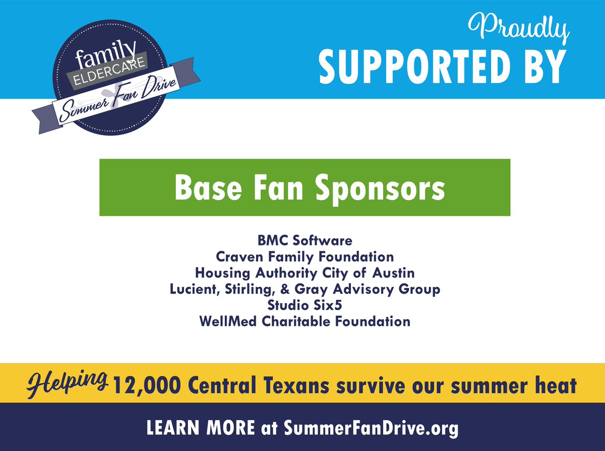 familyeldercare's tweet photo. THANK YOU to all of our Base Fan sponsors for your support in helping us reach as many Central Texans as possible during the 2019 #SummerFanDrive! With your help, we've already reached OVER 6,000 individuals so far! #SFD2019 #FansSaveLives https://t.co/C8VOHoHWSI
