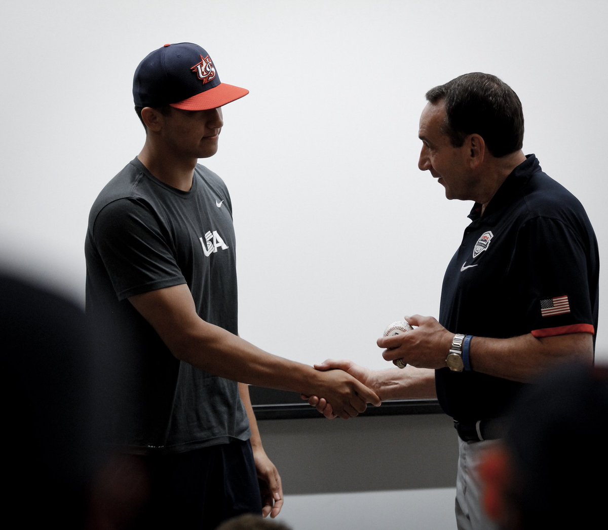 USABaseballCNT's tweet image. Great morning spent at Duke with Coach K. 

Strong messages and stories from Coach K about his @usabasketball teams and representing the United States. #ForGlory🇺🇸