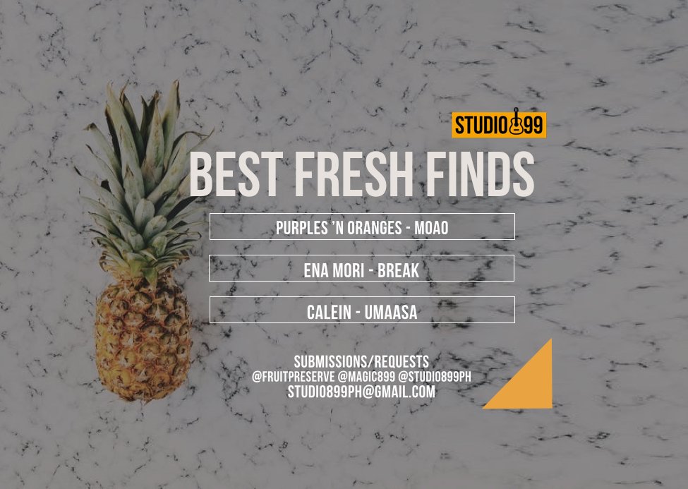 studio899ph's tweet photo. BEST FRESH FINDS FROM THE WEEKEND:
PURPLES 'N' ORANGES - #MOAO
ENA MORI - #BREAK
CALEIN - #UMAASA
🇵🇭#Studio899PH is an all-homegrown music program, hosted by
🎙Jam @fruitpreserve @magic899
🗣️ All Request 4-5, Live Music 5-6 PM
📩studio899ph@gmail.com
#studio899ph #bff899 https://t.co/kU2or89Sju