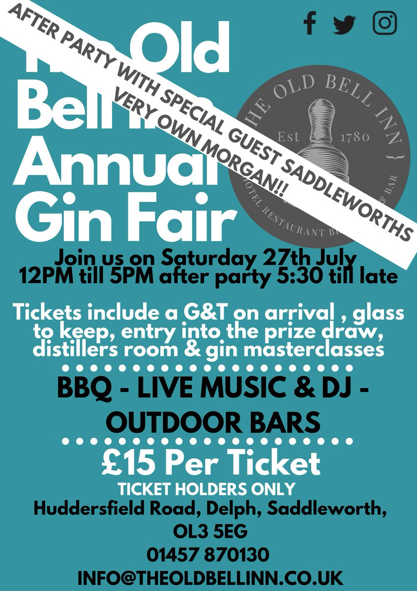 Make sure you have your Gin Fair tickets guys !! Join us for a day filled with Gins, bbqs, pizzas more gins we have a dj to keep us dancing all afternoon then ,live muic by AMANDA our amazing champagne drinking jazz singer and saddleworths very own MORGAN will be joining us!!