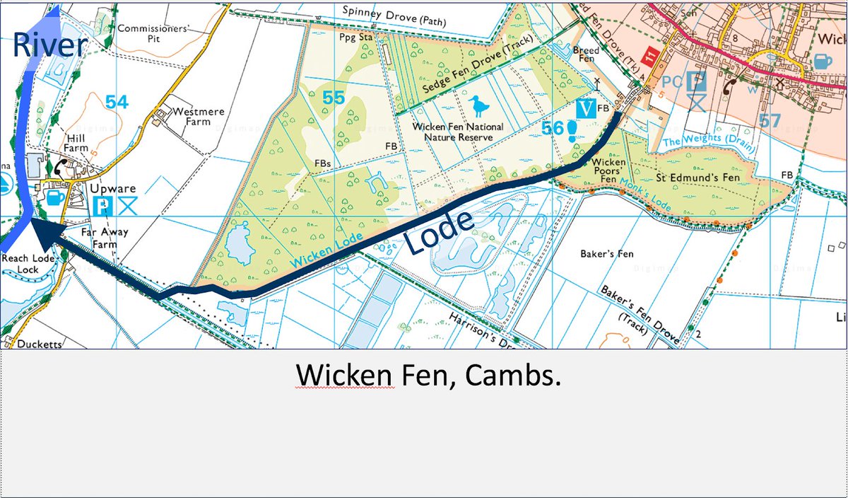 3. Here’s the example of Wicken Lode to illustrate the principles. It runs from the edge of the dry ground (coloured orange, in the top R of the map) to the river Cam on the L. It is fed....