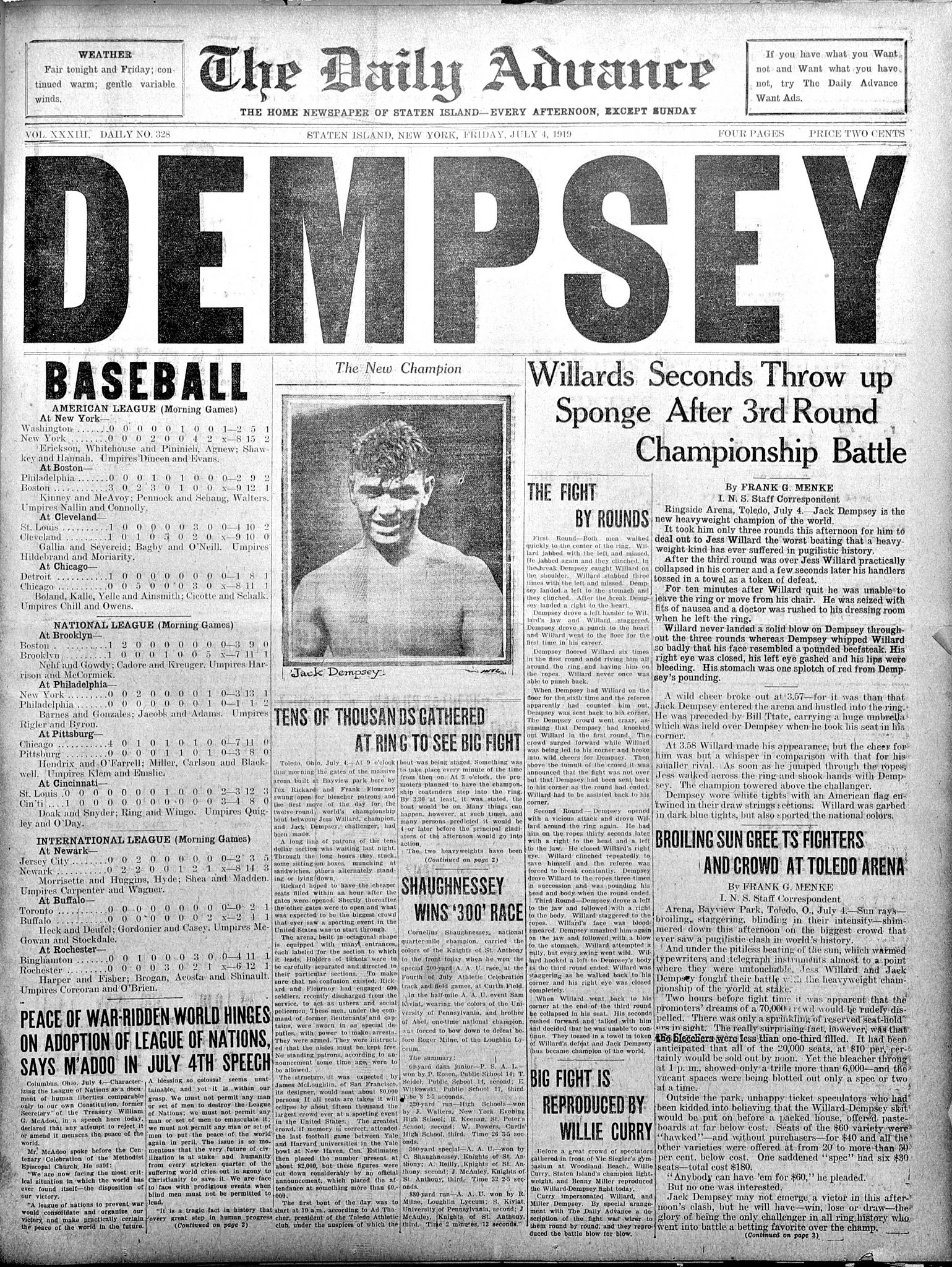 百年前新聞 スポーツ 4日 アメリカのプロボクサー ジャック デンプシー 24 が 世界ヘビー級チャンピオンとなる 王者ジェス ウィラードを 再起不可能なまでに叩きのめす 百年前新聞社 1919 07 04 新チャンピオン誕生