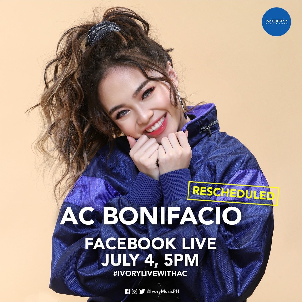IvoryMusicPH's tweet photo. [RESCHEDULED]

Catch @BonifacioAc on #IvoryLive this July 4 (Thursday), 5pm, as she talks about her latest single "Slide Into My DM". 

Tweet us your questions using #IvoryLiveWithAC! https://t.co/ZjA76L5ntU