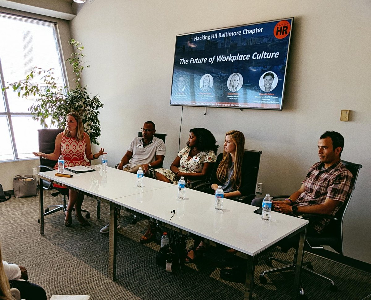 hacking_hr's tweet photo. Had a very special Chapter in Baltimore this Thursday!💥We discussed "The Future of Workplace Culture" with amazing speakers: @TedCapshaw, @JenniferRotner (@EliteEditing), Ebony Nicholson (@UMBaltimore), MaryBeth Hyland (#SparkVision), and @erubio_p, founder of @HackingHR. (1/2) https://t.co/9DhAkuXd2g