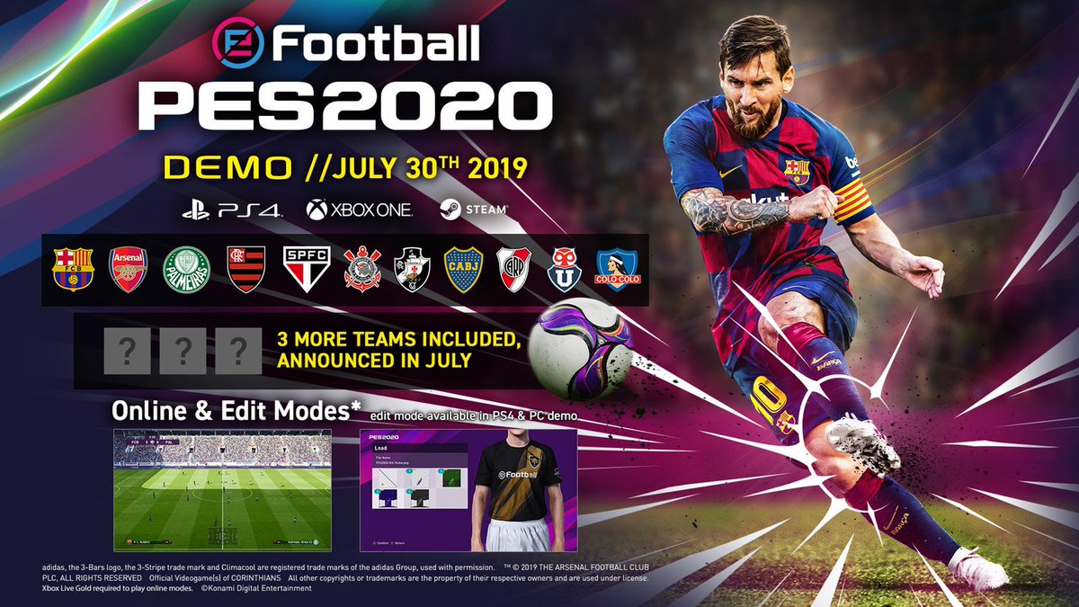 Preocupado horario ajuste KONAMI España on Twitter: "📣 La demo de #eFootballPES2020 estará  disponible el próximo 30 de Julio para PS4, Xbox One y Steam! 👉 Equipos:  Arsenal, FC Barcelona, Boca Juniors, River Plate y