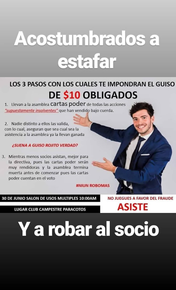 ParacotosWeb's tweet photo. Para que no te estafen mañana asiste a la asamblea en el Club Paracotos salon de usos múltiples 10:00am y vamos a darle una lección a la Directiva #NiUnRoboMas #29Jun https://t.co/JqXFxu4v7n
