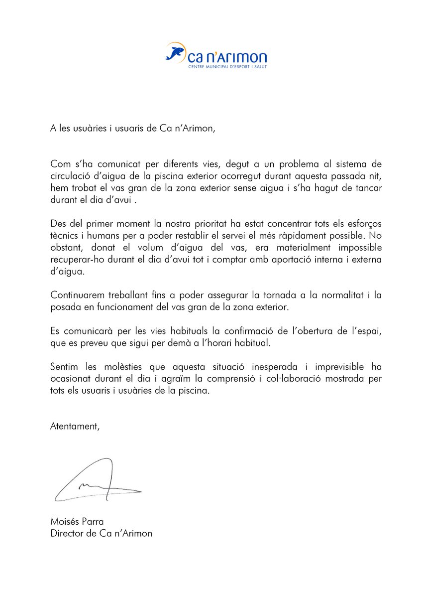 Comunicat de Ca n'Arimon sobre el tancament del vas gran de la zona exterior durant el dia d'avui.