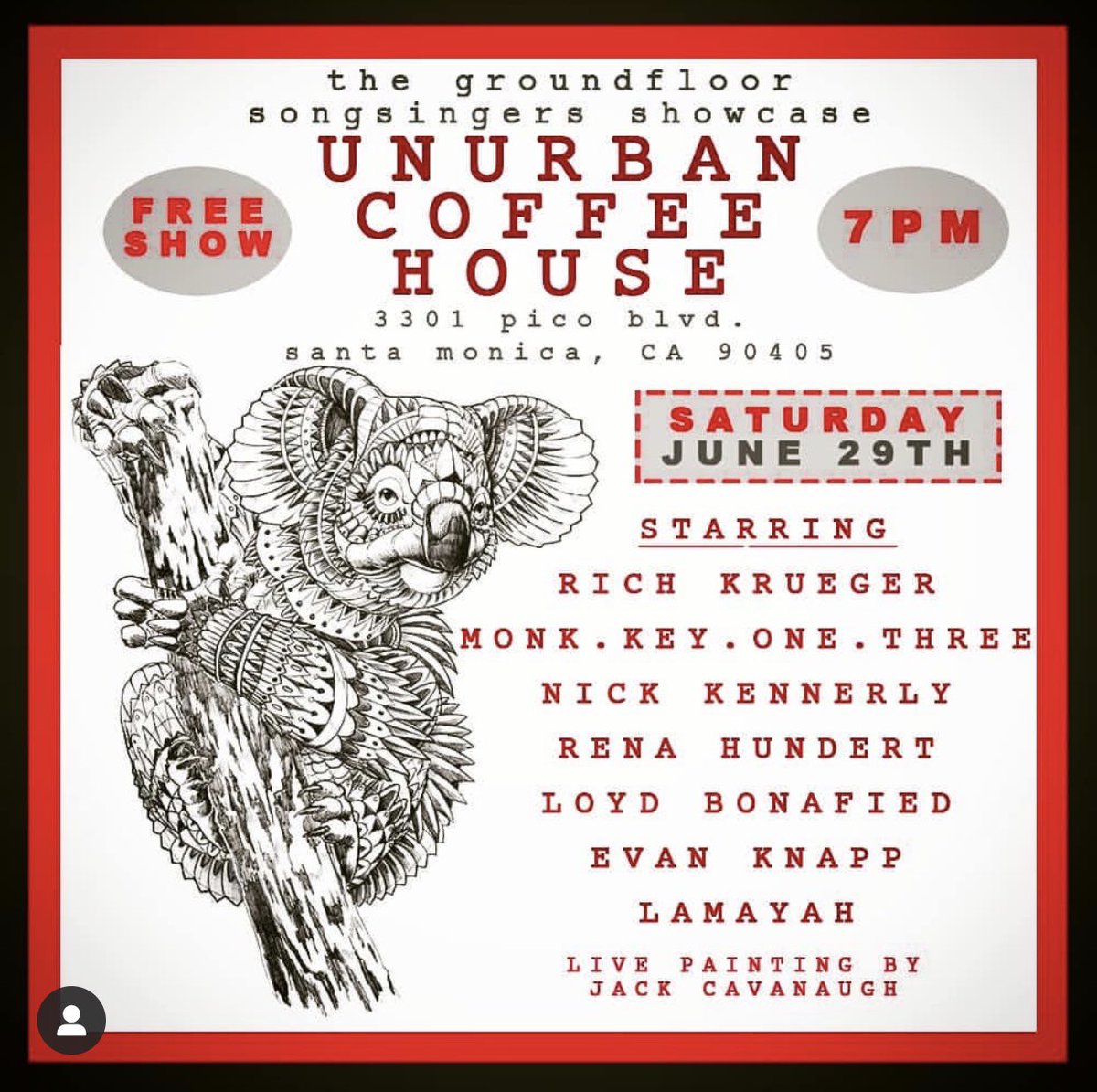 Hello twitter it’s been months.  Just wanted to let you know that I’m playing a solo show tonight in Santa Monica at Unurban Coffeehouse.  Music starts at 7, I play around 8.  Hope to see you there ✌️