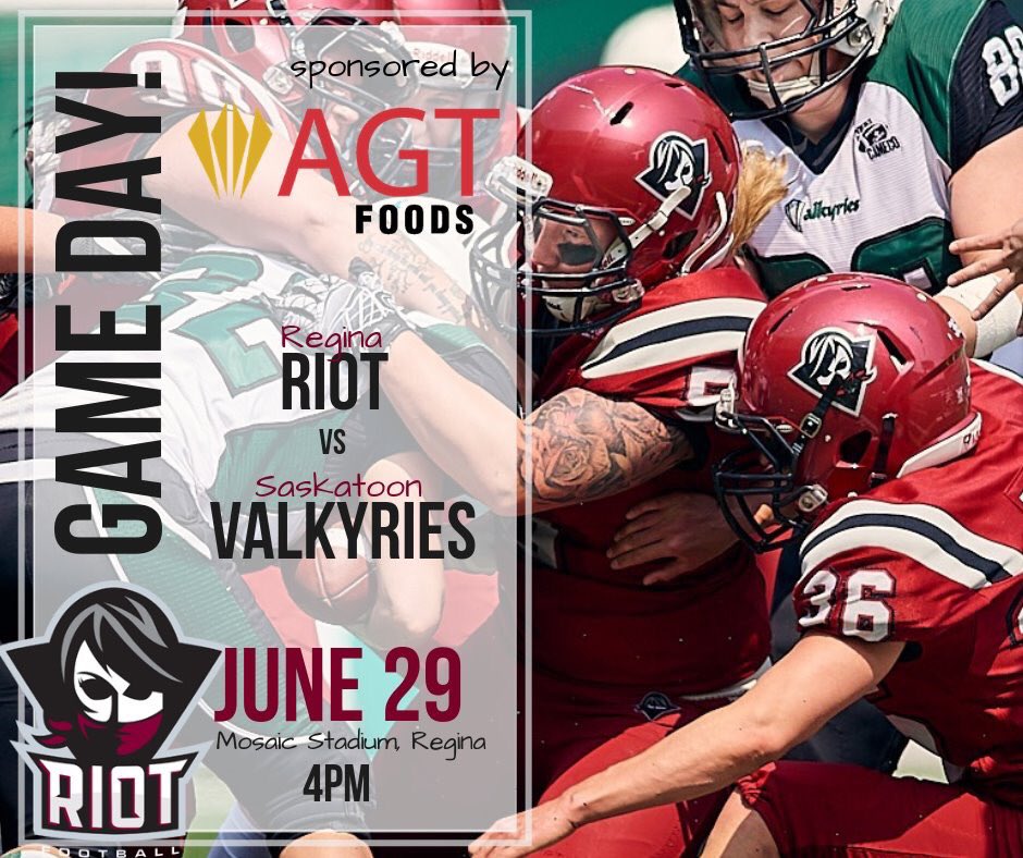 ReginaRiot's tweet photo. It's Regina Riot Game Day!
Kickoff: 4:00PM
Location: Mosaic Stadium, Regina
Tickets: $15 (12 and under are free!)
Can't make it to the game? Follow along on Twitter! Weβll be live tweeting!
#Riot19 #WWCFL #WWCFLfinal #WomensTackleFootball #DefendingTheCup https://t.co/AuV5AvYBeS