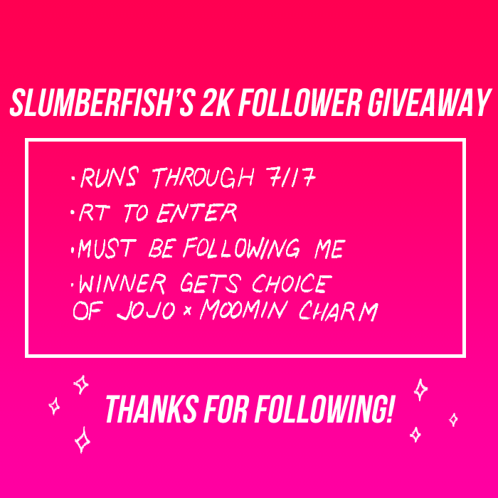 slumberfish's tweet photo. 2K FOLLOWER GIVEAWAY->
as a thank you to my followers, i'm giving away jojo x moomin charm!
read the rules, and good luck ❤❤❤ https://t.co/BdPlLClMtb