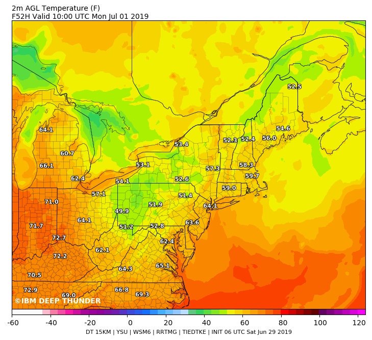 TonyPannWBAL's tweet photo. We are about to break the heat wave here in MD. Today should be the last day. Below, you can see the forecast low temps for Monday. 50s in some spots! However, it can sometimes be bumpy to change the air mass. A few strong storms possible later today. #BreakTheHeat #mdwx https://t.co/YHN5tALHUH