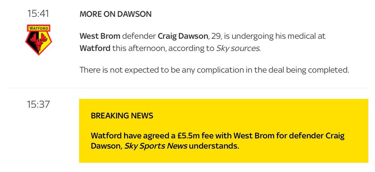 thewatfordway's tweet image. 🔔BREAKING🔔

Watford have agreed a £5.5m deal for West Brom defender Craig Dawson. 

The player is reportedly undergoing a medical this afternoon and there is not expected to be any complication in the deal being completed.

[@SkySportsNews]

🤔 | Thoughts?

#watfordfc
