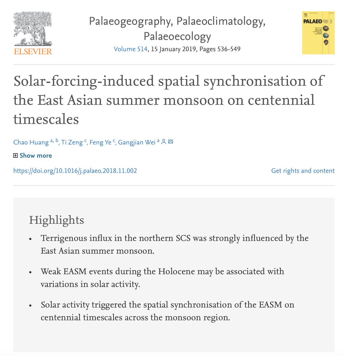 WWeijari's tweet image. According to a research published in 2019, sediment core records spanning back 7.5k years show a correlation between the East Asian Summer Monsoon and the activity of the sun. doi.org/10.1016/j.pala… #solarforcing #climatechange #summermonsoon