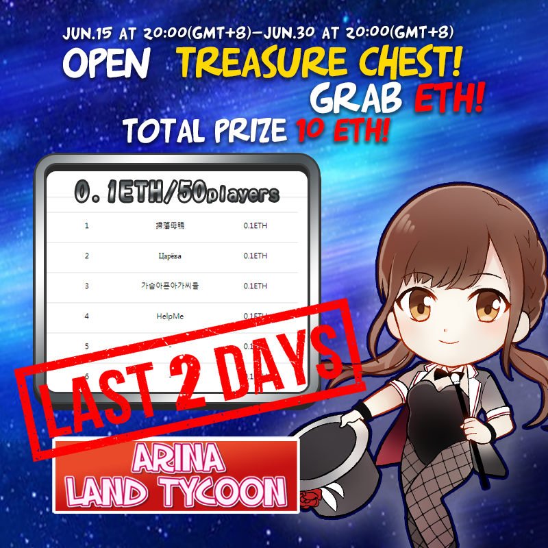 GIC48226830's tweet photo. 🎉Open Treasure Chest Grab ETHr! 🎉
Countdown to 2 days
There are many treasure chest materials that are simpler for players to earn ETH❗❗
What are you waiting for?!

🔥Join now🔥
https://t.co/izlM5eEOBa      

#GIC #ARINA #ARINALANDTYCOON #ETH #DApp https://t.co/kBChBJLeIy