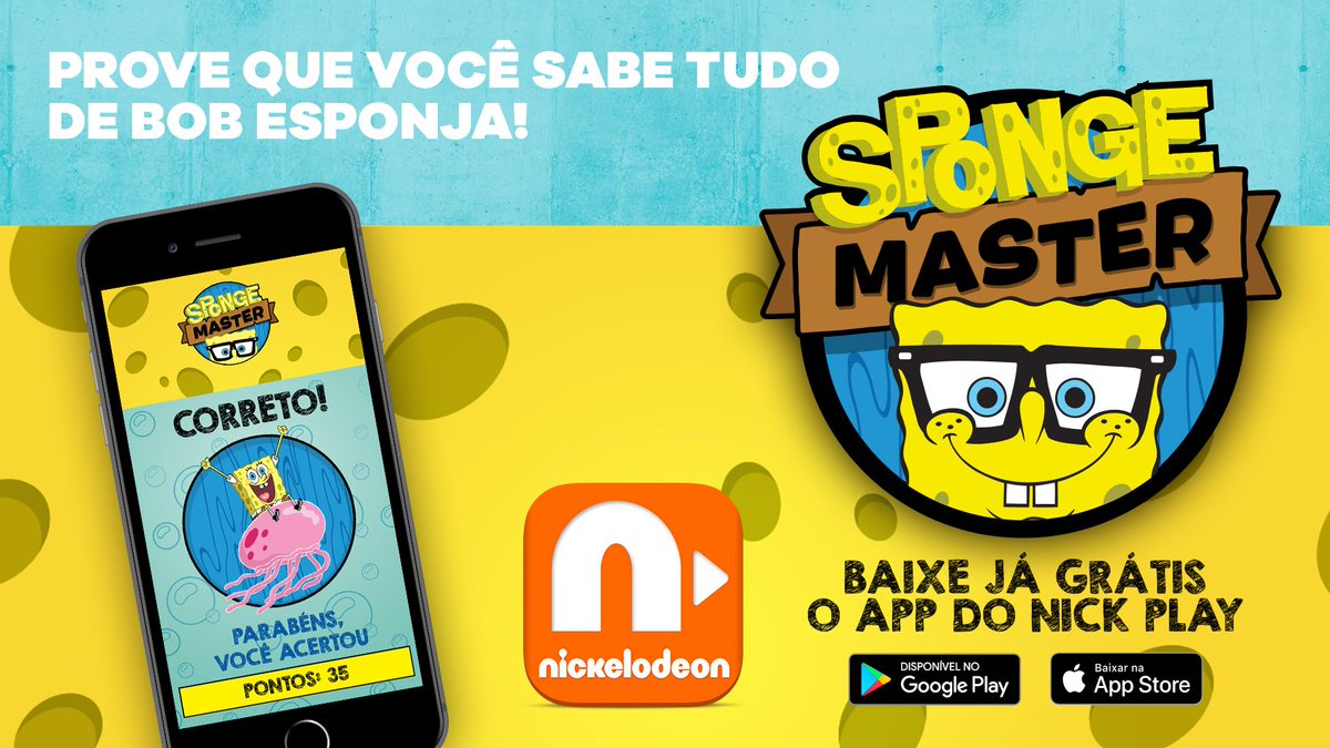 Nickelodeon on X: Vocês estão preparados para o jogo #SpongeMaster?! 😱  Baixe AGORA o app da Nick Play e às 15h30, sintonize a TV no canal da Nick!  🎮 Você pode ser