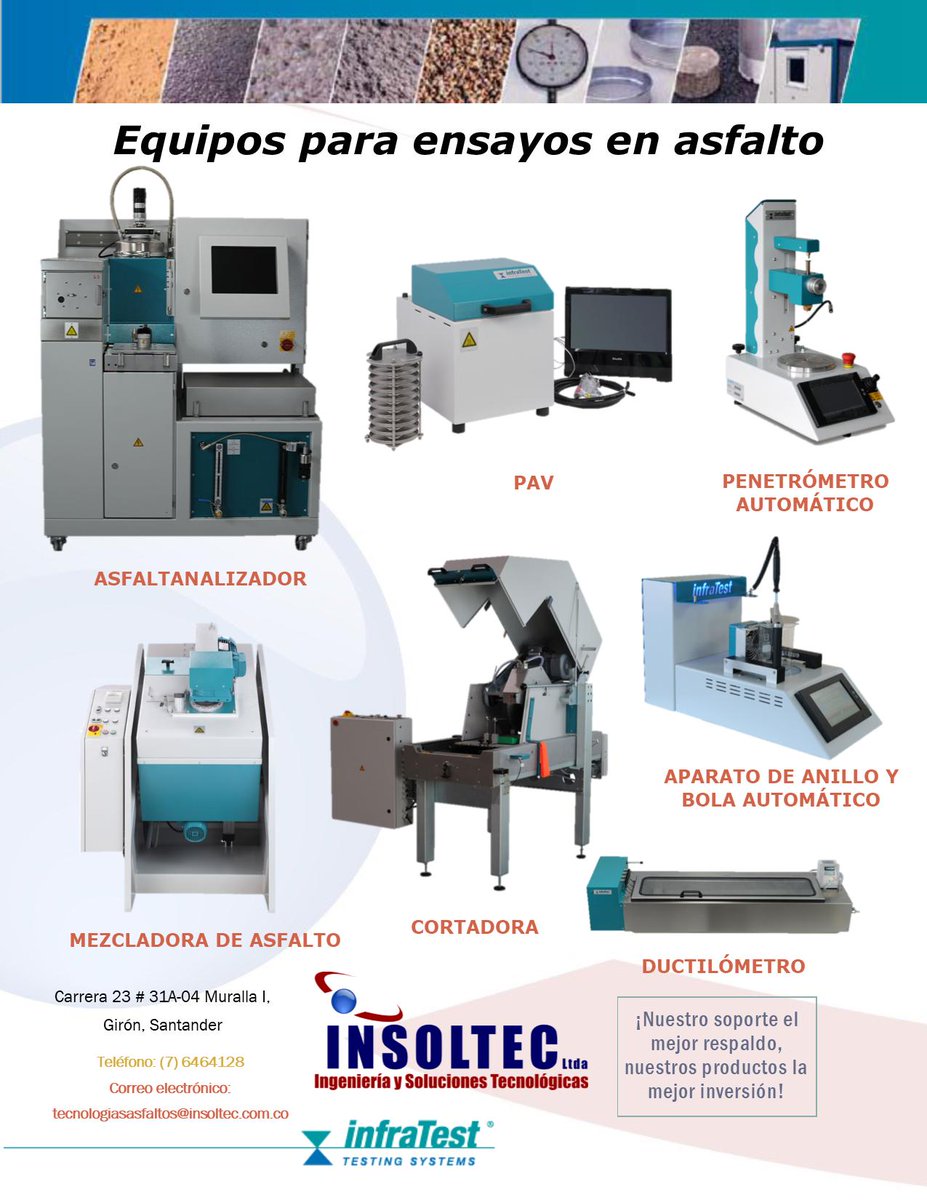 TAsf_Insoltec's tweet photo. Equipos para ensayos en asfalto fabricados por la compañía Infratest, hacen parte del portafolio ofrecido por Insoltec. Para mayor información visita la página web: https://t.co/Y5qDRxQrUA o escribe al correo: tecnologiasasfaltos@insoltec.com.co https://t.co/59997wjl1p