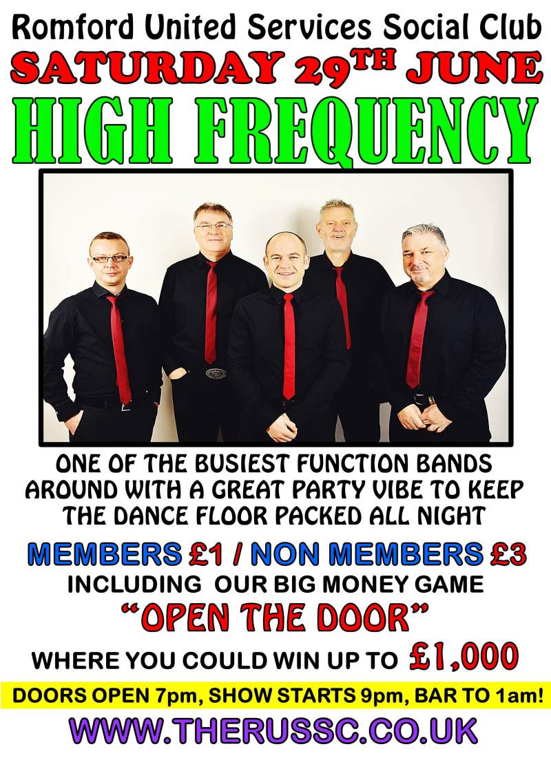 theRUSSC's tweet photo. Hi Frequency are one of the busiest 5 piece function bands around and will keep the dance floor packed all night - Members £1 - Non Members £3 on the door tonight at the russc 9 pm #livemusic  #Entertainment #London #Romford #Essex https://t.co/rVmAMCmA92