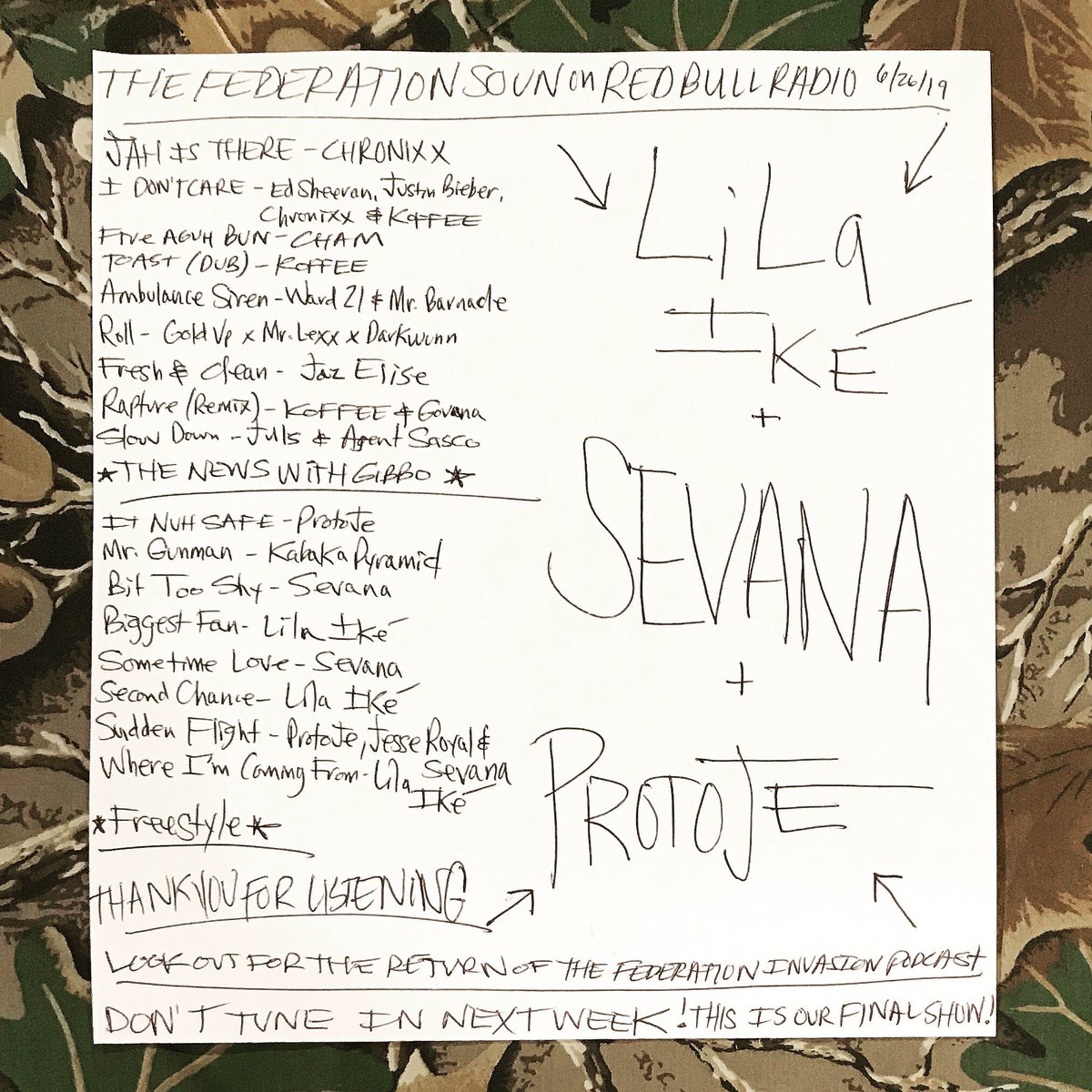MaxGlazer's tweet photo. 6/26/19
Track list from the final episode of The @FEDERATIONsound on @redbull_radio with @LilaIkeJa @callmesevana &amp; @Protoje. 
•
#reggae #dancehall #maxglazer #federationsound #redbullradio #jamaica #reggaemusic #newmusic #caribbean #radio #brooklyn #lilaike #sevana #protoje https://t.co/xUAMoOkTAF