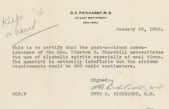 GustoDeirdre's tweet photo. Winston Churchill gets a doctor’s note to drink “unlimited” alcohol in Prohibition America (by @openculture) https://t.co/JUjQArqvZu https://t.co/mFEKesG6Dr