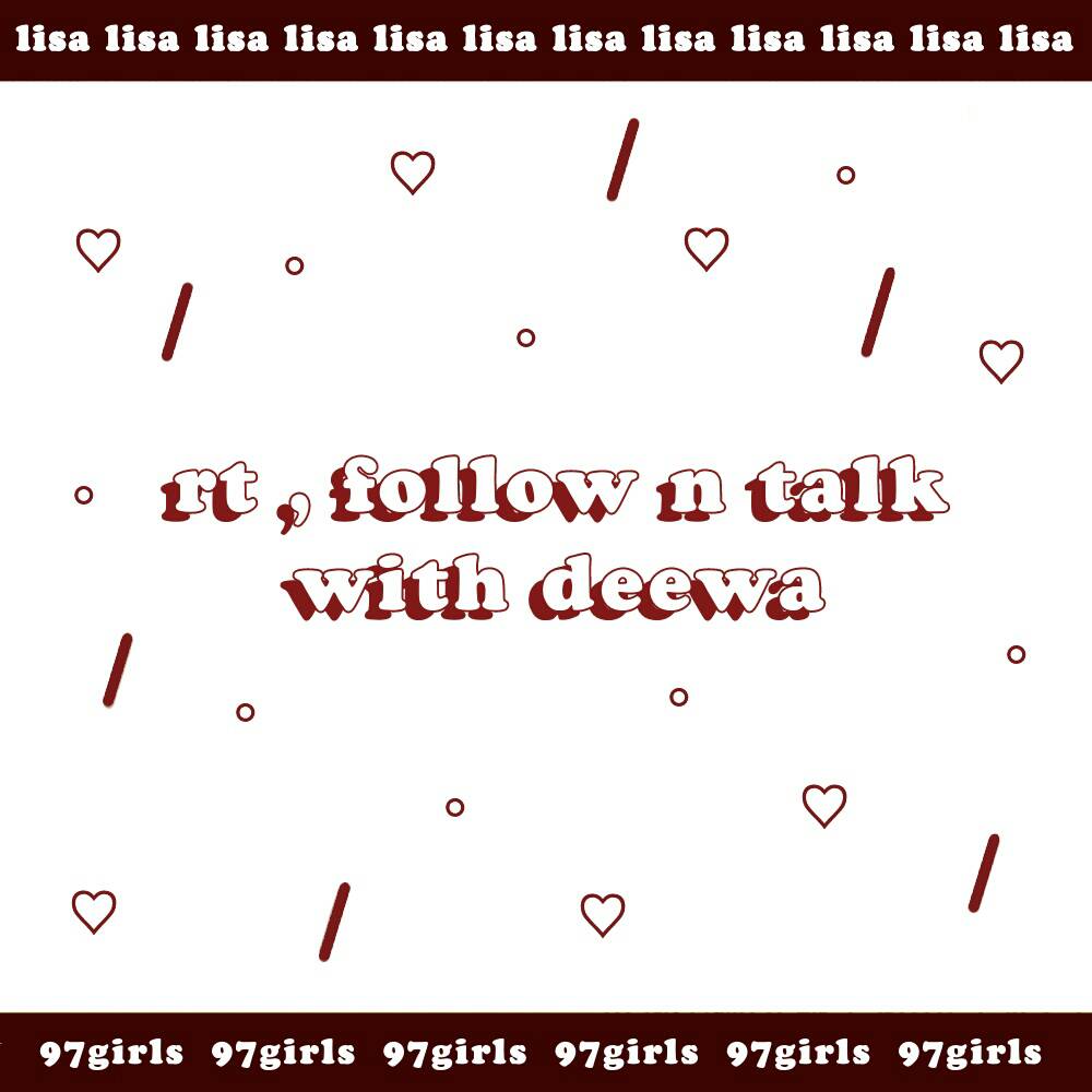 w a r n i n g ❗
ดีวะเมจลิซ่า เมดอิน1997นะคะ
เพิ่งนิวแอคมาก็ยังไม่มีเพื่อน วันนี้จะมา"แลกฟอล+ตามทัก"ค่ะ อยากมีอ้ายลิซ่าเป้วตีนก็รีเลยดิคะ
หิวก็แดกข้าวห้าวก็มาดิค้าบ
ยพท. rt ตามทักครับค่ะ