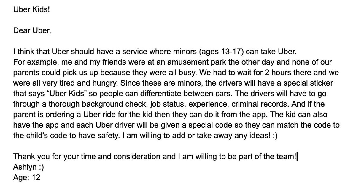 anilbhatt's tweet photo. @dkhos An idea from my 12 year old daughter! Pls consider... #UberKids @Uber https://t.co/YnpIMBuiTy