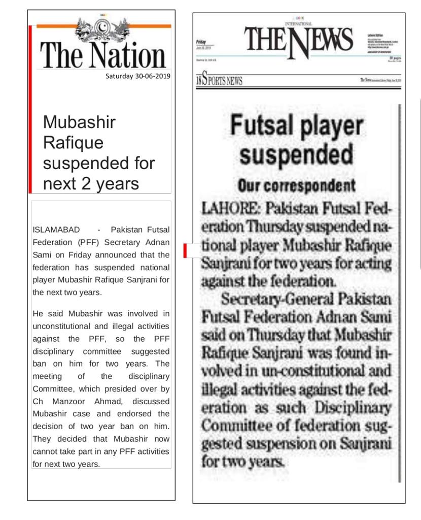 ilhamjankhan's tweet photo. @PakistanFutsal Disciplinary Committee has suggested a 2 years ban on Mubashir Sanjrani (former Futsal player) for his involvement in activities against PSFF. @PsffSami , General Secretary PSFF, announced his two years ban. https://t.co/fnVZmZwya5