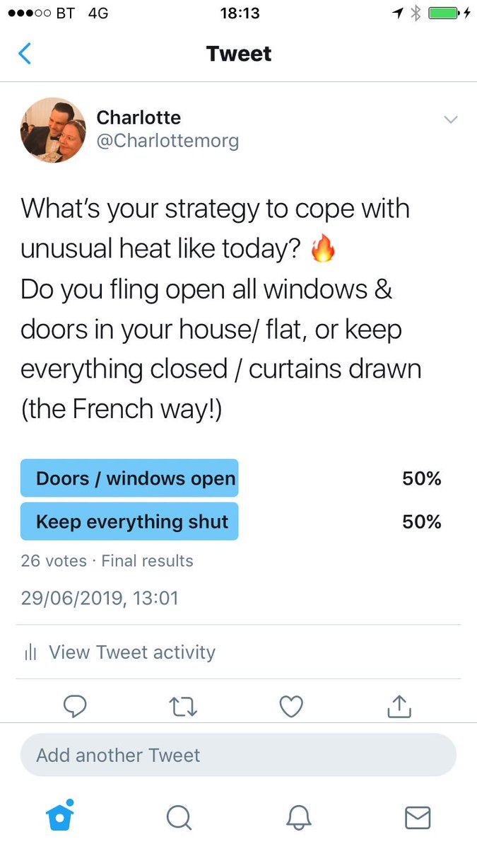 Charlottemorg's tweet photo. Final poll results are in! 
And it's even more divisive than Brexit! 😳😉 #splitdownthemiddle https://t.co/aDpqx5LP3N
