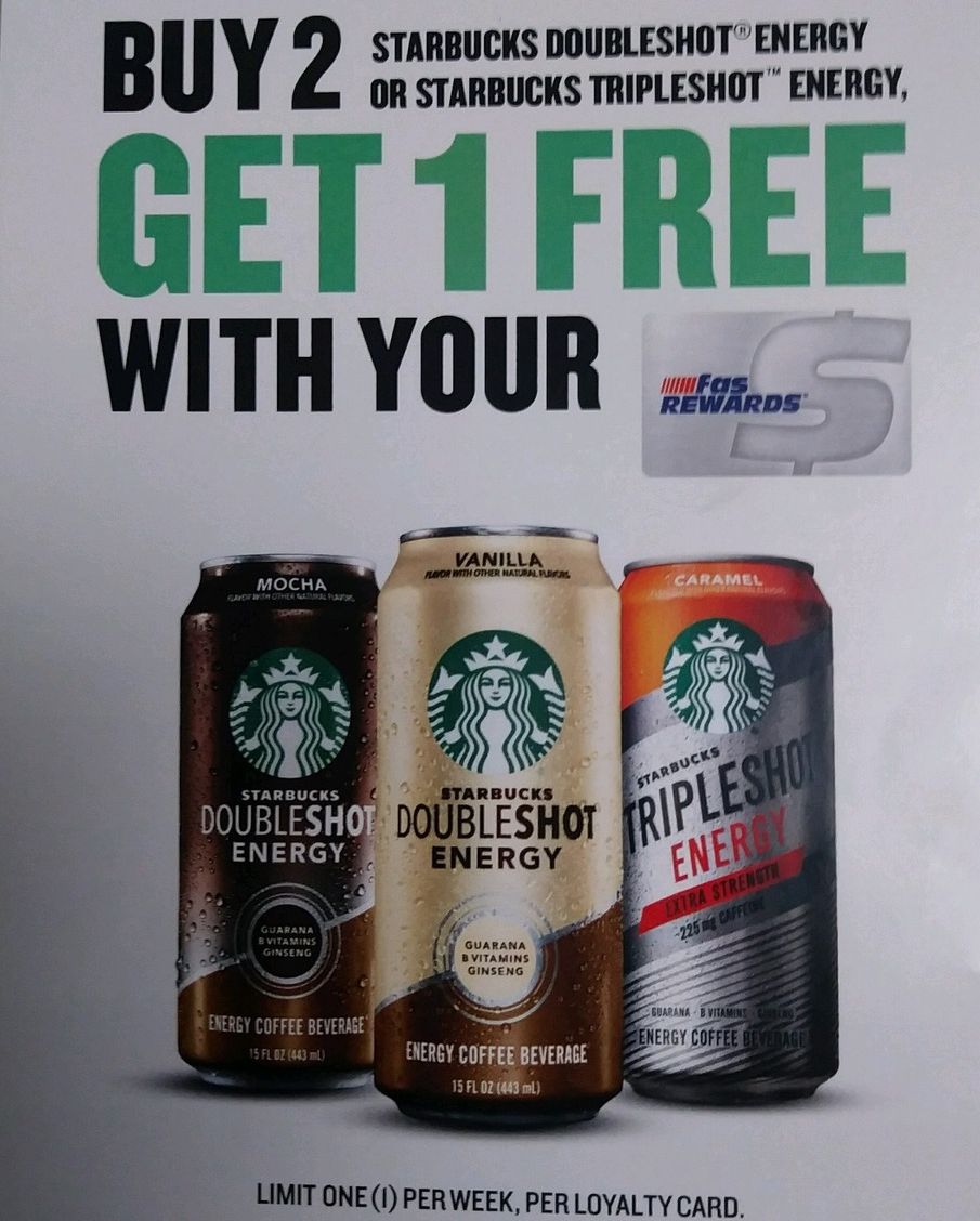Need a pick-me-up? Starbucks drinks are buy 2, get 1 free with your #FASRewards card!