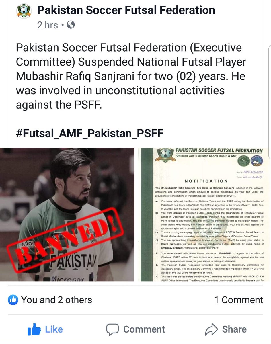 PsffSami's tweet photo. Pakistan Soccer Futsal Federation (Executive Committee) Suspended National Futsal Player Mubashir Rafiq Sanjrani for two (02) years. He was involved in unconstitutional activities against the PSFF.

#Futsal_AMF_Pakistan_PSFF https://t.co/HKd7Ph1myc