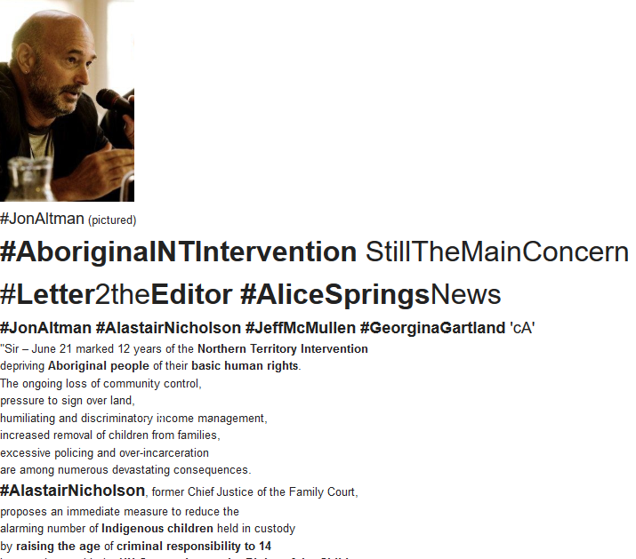 WgarNews's tweet photo. #AboriginalNTIntervention StillThe #MainConcern 
#JonAltman #AlastairNicholson @alasnich #JeffMcMullen #GeorginaGartland 'cA'
#Letter2theEditor #AliceSpringsNews 
https://t.co/kqw9vPT5Px
#WGARmob #AboriginalTalk #WGARenewsletter 29Jun19 Midnight ft Letter: https://t.co/hy5jFxbYvI https://t.co/UefFB9xxZL