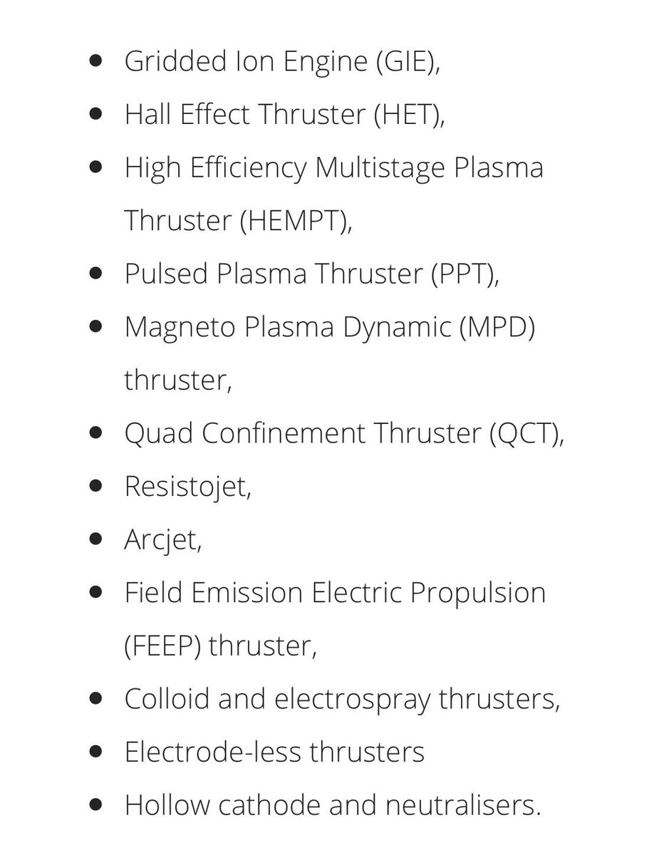 13/ now the reason I haven’t gotten too much into the physics is because there are a plethora of types of EP thrusters that fit VERY different spacecraft mission needs and spacecraft sizes. Here is a nice list :) (courtesy of  @esa  https://m.esa.int/Our_Activities/Space_Engineering_Technology/What_is_Electric_propulsion)