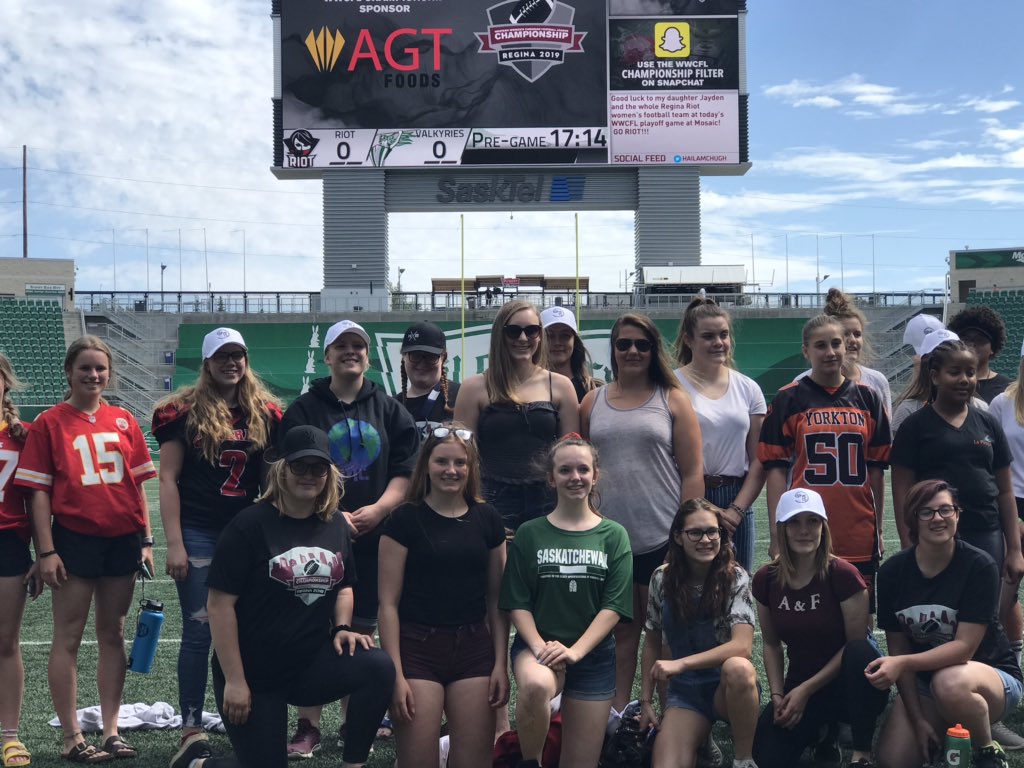BorderlandGM's tweet photo. A bunch of the first Girls U18 Team Sask tackle football players taking in the #WWCFLFinal #sheISsport they will be taking to the field July 12-17 in Winnipeg vs Team Manitoba. #U18GirlsRRCup #buildingthefuture https://t.co/ob3iWbFZ4t
