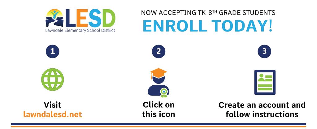 smithLESD's tweet photo. We are now enrolling TK-8th grade students. Enrolling in our district is as easy as 1-2-3! 

1. Visit https://t.co/Oalhq1fOnH

2. Click on the "Enroll Today" link

3. Create an account and you're on the way to joining the Lawndale family!

Any questions? Call (310) 973-1300 https://t.co/D0RTjw9NGR