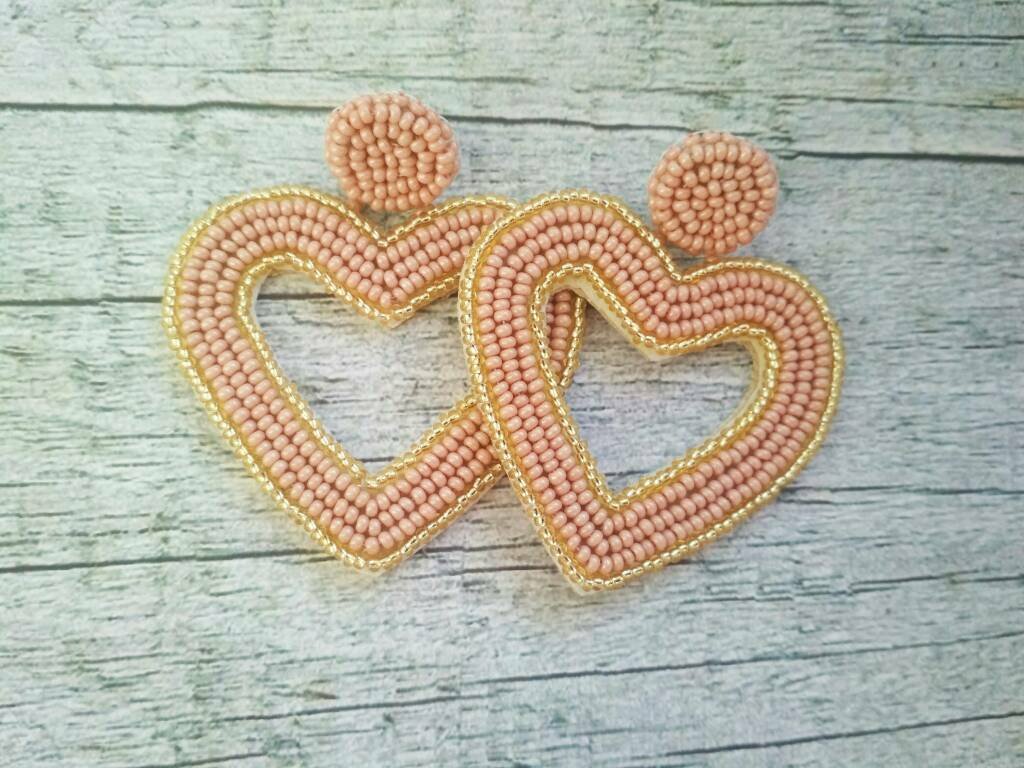 Excited to share the latest addition to my #etsy shop: Open heart earrings, Chunky seed bead earrings, Oversized embroidered earrings, Romantic gift for her, Heart post earrings modern etsy.me/2ZRP22M