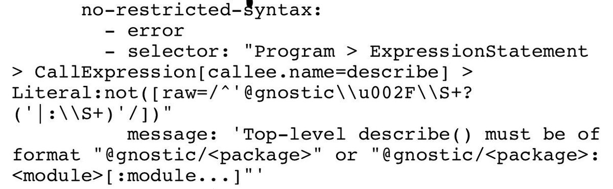 b0neskull's tweet image. here’s another example of one-line custom #eslint rule: enforcing a naming convention on top-level test suites

cc @slicknet
