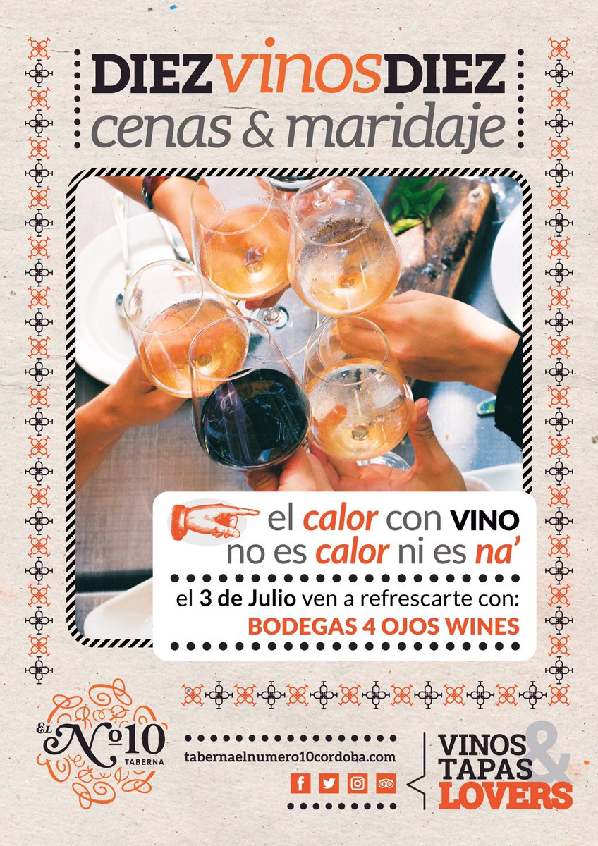 ¡Apúntate a la mejor cena&amp;maridaje del verano! '10 vinos 10' | 🍷🍽
Cenas-maridaje de vinos españoles en la Taberna El Nº10 en las noches de verano.
Precio: 30€ por persona
- Bodega 4 OJOS WINES -
Inscríbete aquí:
docs.google.com/forms/d/1KSd-r…