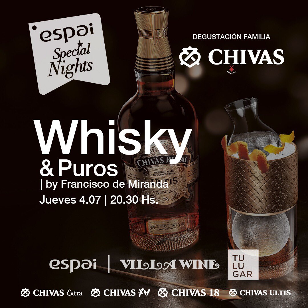 #DegustaciónPremium 🥃
#Whisky &amp; #Puros
#ChivasRegal &amp; #FranciscoDeMiranda

Este Jueves 4 de Julio en <a href="/espaieventos/">Espai Eventos</a> 

#VillaWine y #Espai presentamos una propuesta súper exclusiva 

Cata de Familia Chivas Regal
&amp;
Cata de Puros Francisco de Miranda

Gastronomía by Espai Catering