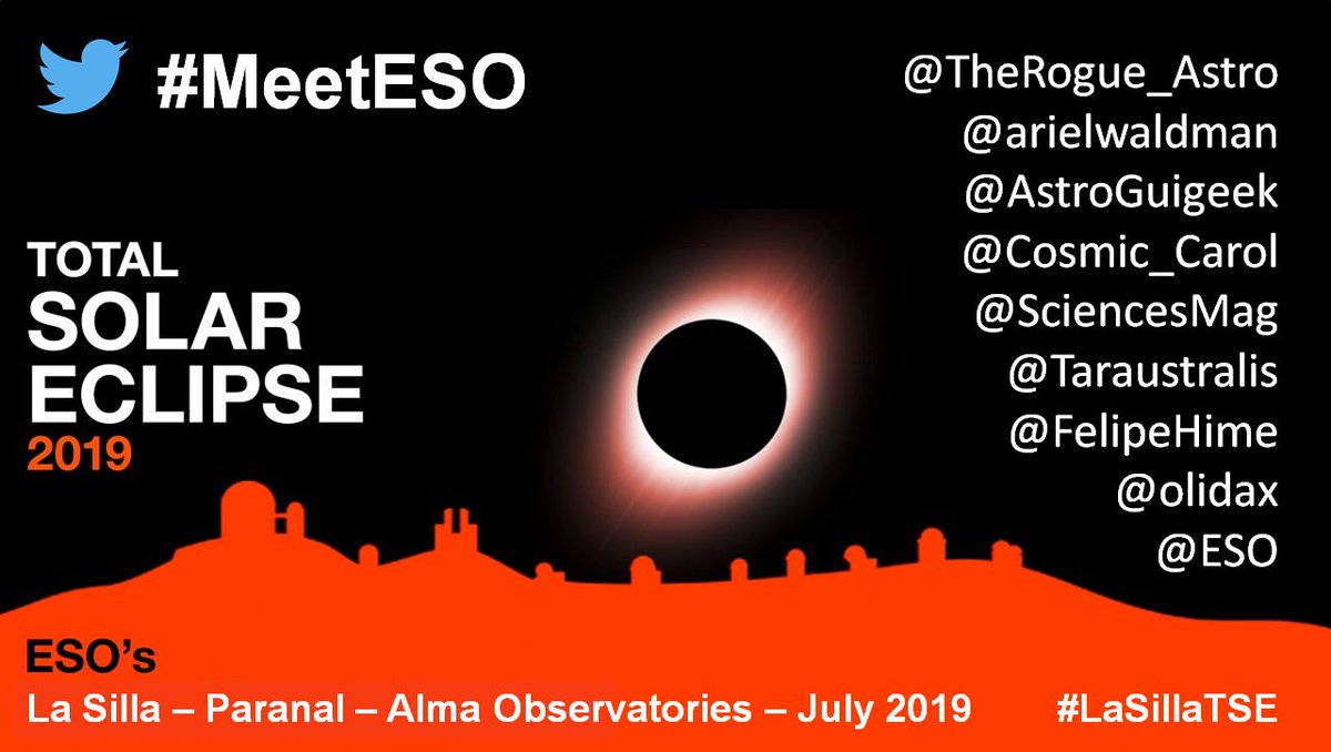 Time to start following the #MeetESO group, on their way to the <a href="/ESO_Chile/">ESO Chile</a> sites to report live on the #LaSillaTSE on 2 July, and a grand tour of all 3 observatories!

#FF <a href="/therogue_astro/">The Rogue Astronaut</a> <a href="/arielwaldman/">Ariel Waldman</a> <a href="/AstroGuigeek/">𝔾uillaume 𝔻oyen 🔭⛺✨</a> <a href="/Cosmic_Carol/">Cosmic Carol</a> <a href="/SciencesMag/">Sciences MAGZ</a> <a href="/Taraustralis/">Taraustralis</a> <a href="/felipehime/">Felipe Hime</a> <a href="/olidax/">Olivia Haider 🚀🐦 @olidax@astrodon.social</a>