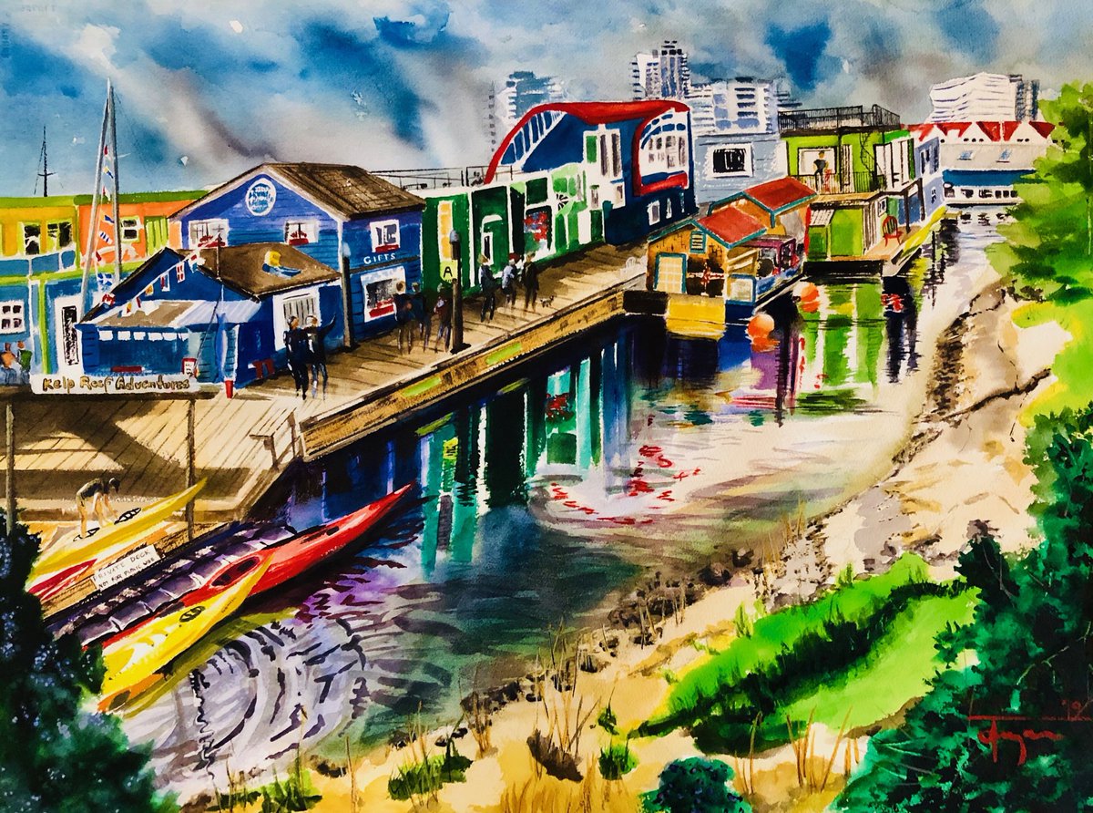 #fishermanswharfvictoria full sheet watercolour of this colourful spot. Shops and floathomes!😊