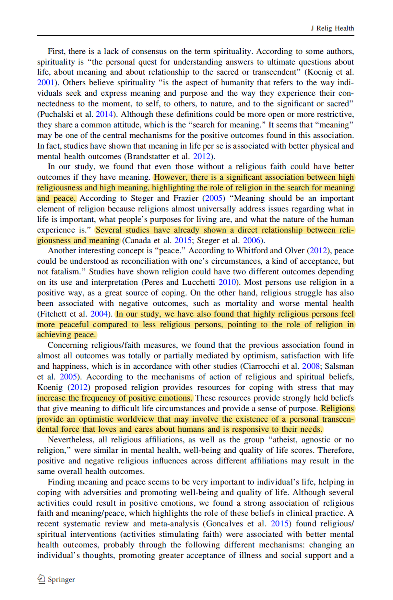 Higher religiousness results in higher meaning in life/purpose in life, which results in better mental health. More religious people have a higher quality of life and feel more at peace with it, as well as have more positive emotions, like happiness. https://link.springer.com/article/10.1007/s10943-017-0400-6