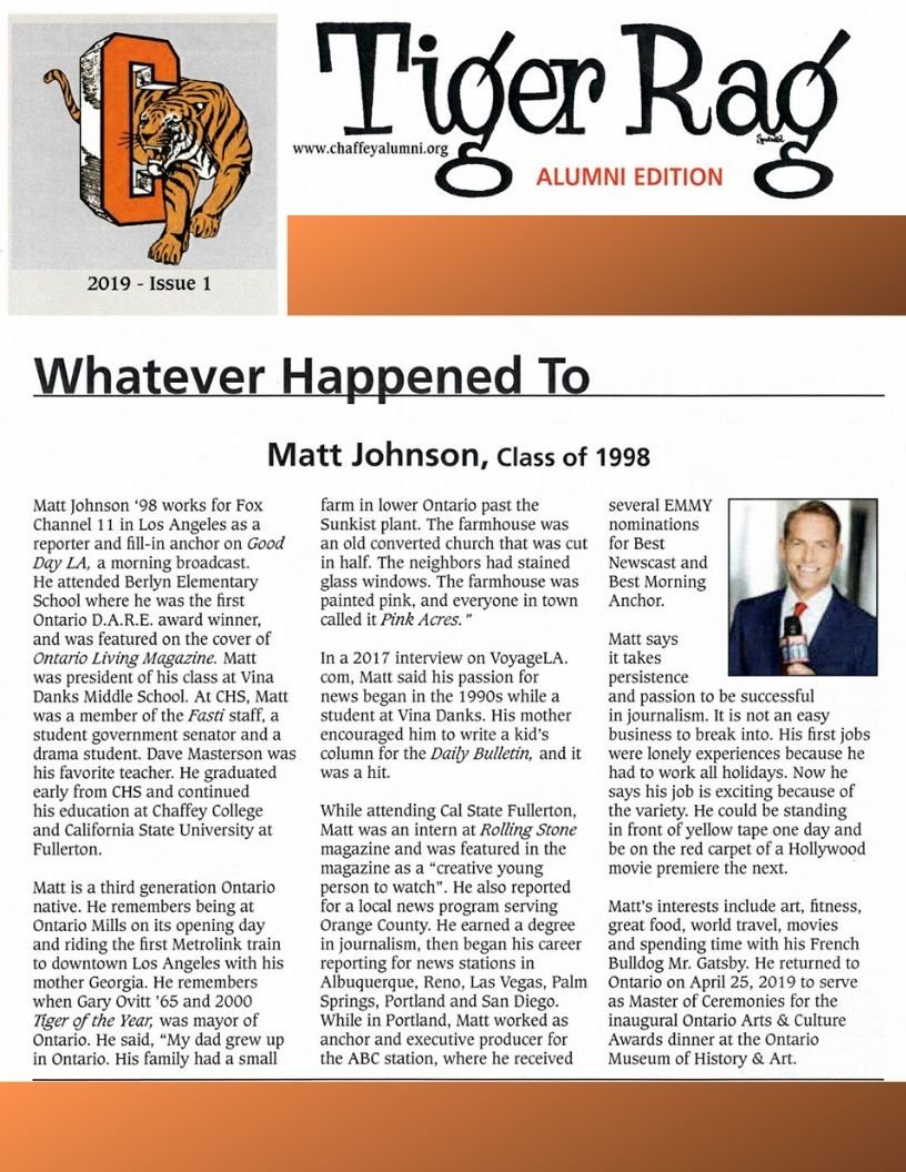 MattJohnsonNEWS's tweet photo. So Honored to be recognized by my High School Alumni Association. Go Chaffey Tigers in #Ontario CA!! ๐
@chaffeycollege @CityofOntario
#ChaffeyHigh #Ontario #ChaffeyCollege #ChaffeyHighSchoolDistrict #reporter #anchor #host https://t.co/vBw4CAZRDY